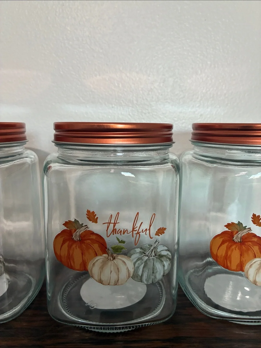 NWT- Set of 3- THANKFUL- Pumpkin Trio Harvest Glass Jars w/ Screw On Copper Lid